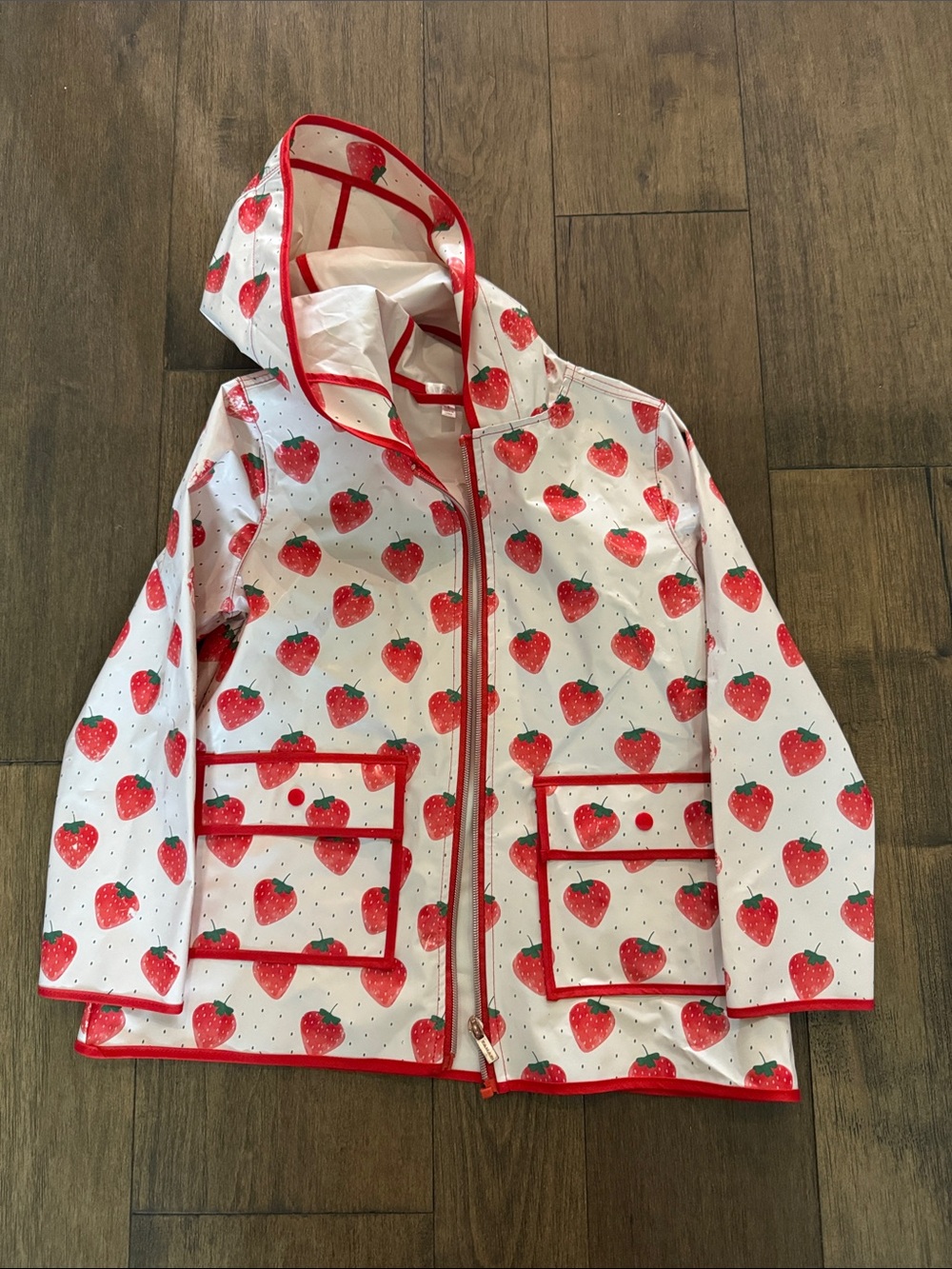 Tahari Hooded Raincoat with Red Strawberry Print
